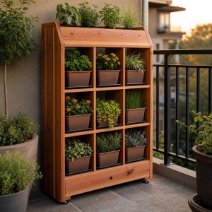 Compact Porch Plant Library With Labeled Pot Cubbies