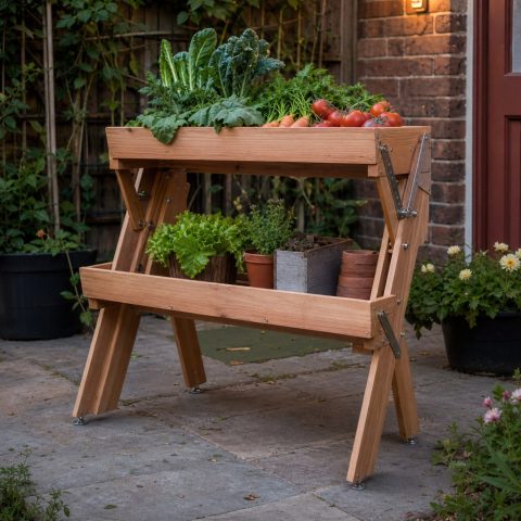 Foldable Patio Produce Stand With Two Display Tiers