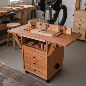 Rolling Drill-Press Cabinet With Flip-Up Supports