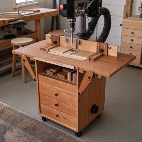 Rolling Drill-Press Cabinet With Flip-Up Supports