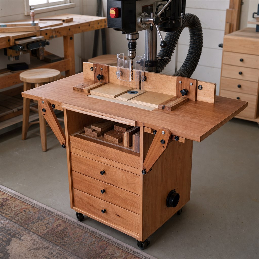 Rolling Drill-Press Cabinet With Flip-Up Supports