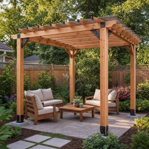 Cedar Courtyard Pergola With a Floating-Slat Canopy