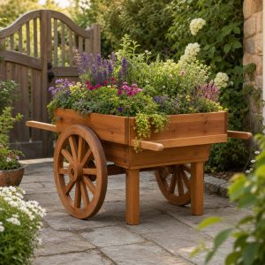 Wooden Flower Cart With Decorative Spoked Wheels