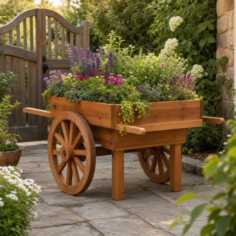 Wooden Flower Cart With Decorative Spoked Wheels