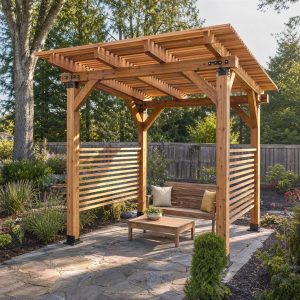 Open-Sided Cedar Garden Pavilion With a Slatted Roof