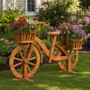 Wooden Bicycle-Style Planter Stand With Flower Baskets