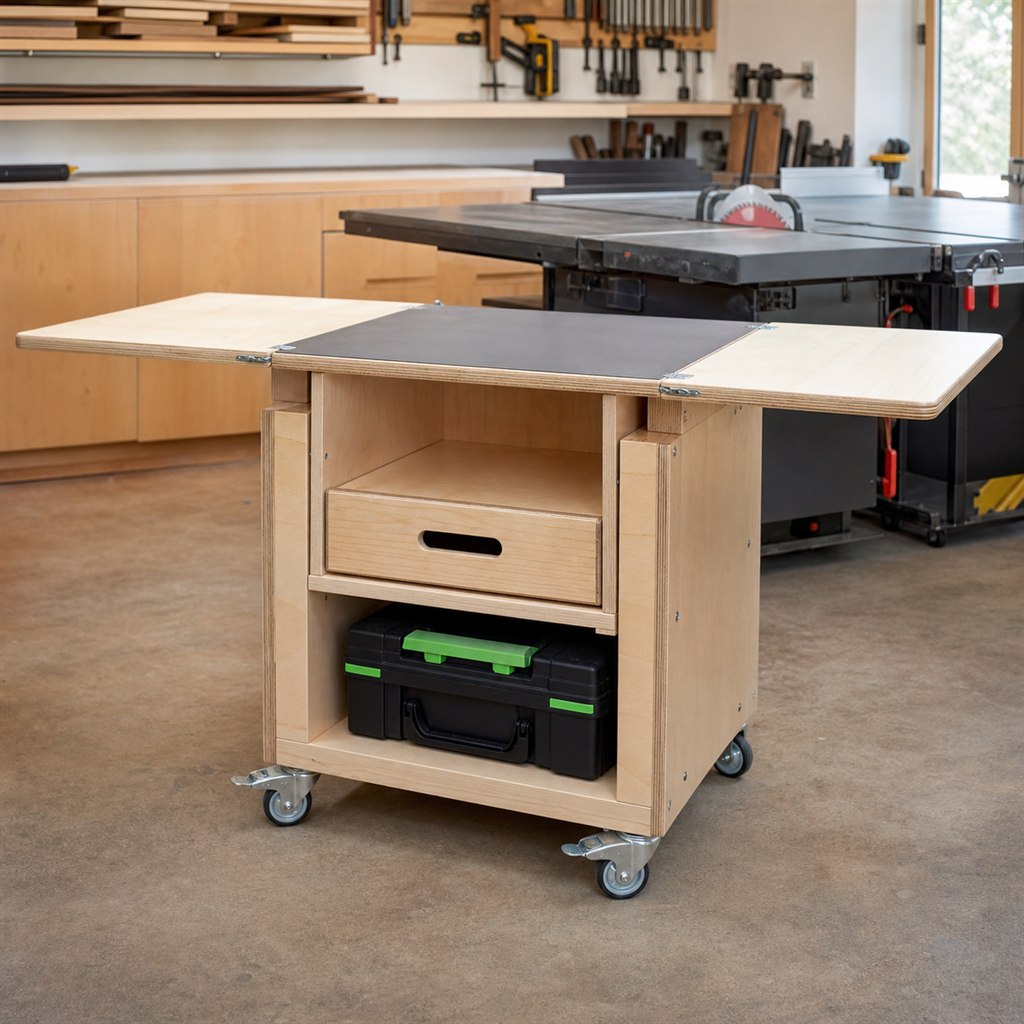 Compact Table-Saw Outfeed Cart With Folding Wings