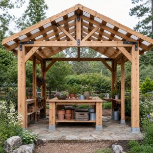 Open-Air Potting Pavilion With a Central Work Island