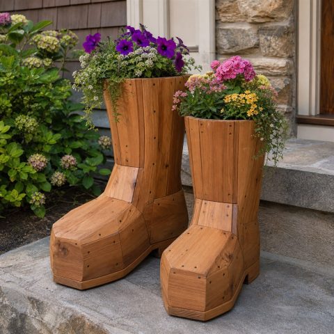 Wooden Rain-Boot Planter Display With Removable Pots