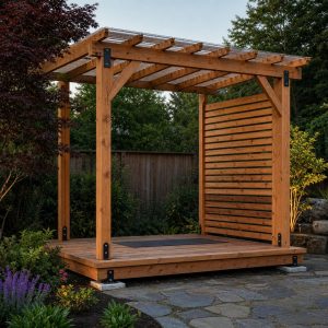 Garden Yoga Platform With a Slatted Privacy Wall