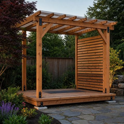 Garden Yoga Platform With a Slatted Privacy Wall