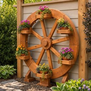 Rustic Wooden Cartwheel Planter Stand With Six Pot Shelves