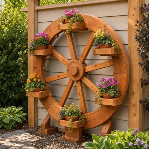 Rustic Wooden Cartwheel Planter Stand With Six Pot Shelves