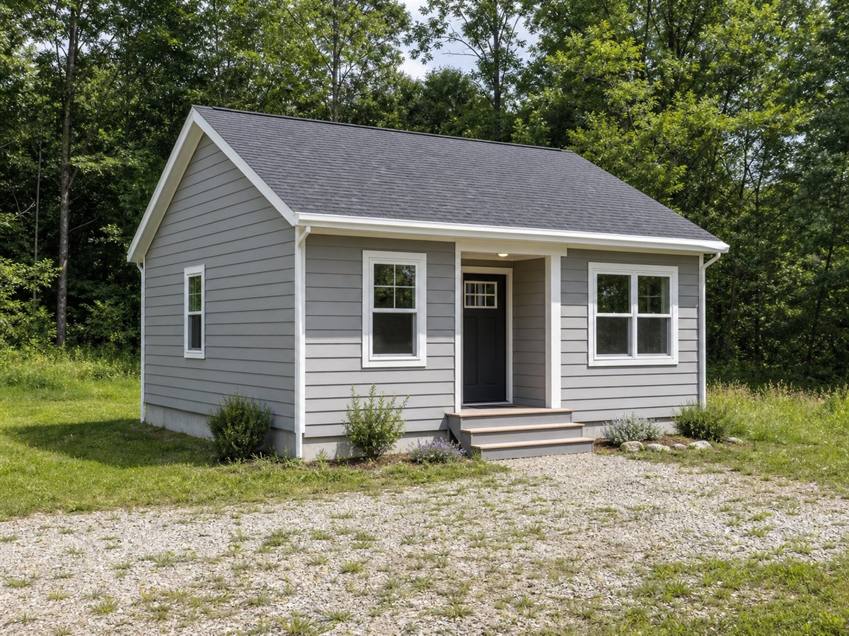 Pine Nook 451, a conceptual 451-square-foot tiny gable-roof cottage with a $50,625 construction target