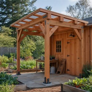Tool-Shed Porch Canopy With Braced Timber Posts