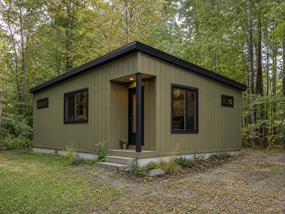 Slope Nest 452, a conceptual 452-square-foot shed-roof micro home with a $51,625 construction target