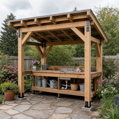 Covered Garden Wash Station With Open Timber Sides