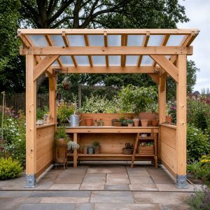 Covered Outdoor Potting Room With Half-Height Walls