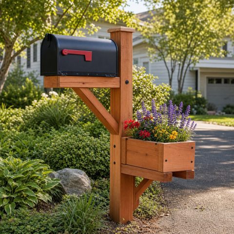 Wooden Mailbox-Post Flower Planter With a Separate Pot Shelf