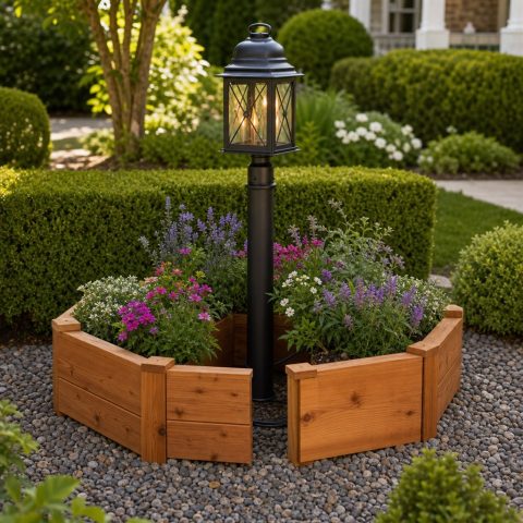 Octagonal Wooden Planter Ring for a Garden Lamppost
