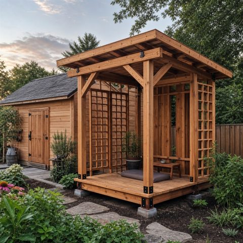 Cedar Meditation Pavilion With Open Lattice Sides