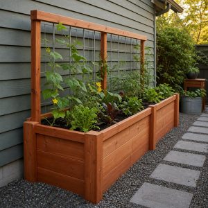 Narrow Side-Yard Raised Bed With a Wall Trellis