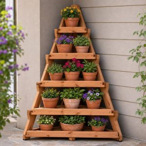 Tiered Corner Flower Stand With Five Cedar Platforms