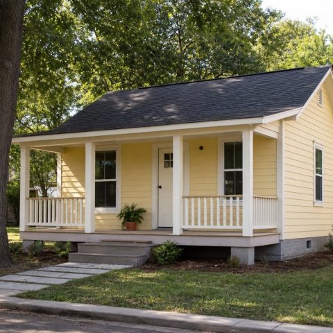 $55,625 Essential Front-Porch Starter Cottage: 457-Sq.-Ft. One-Bedroom Plan