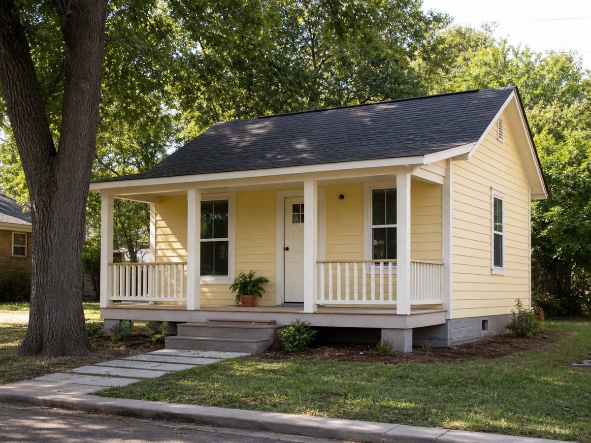 Porchlight Cottage 457, a conceptual 457-square-foot front-porch starter cottage with a $55,625 construction target