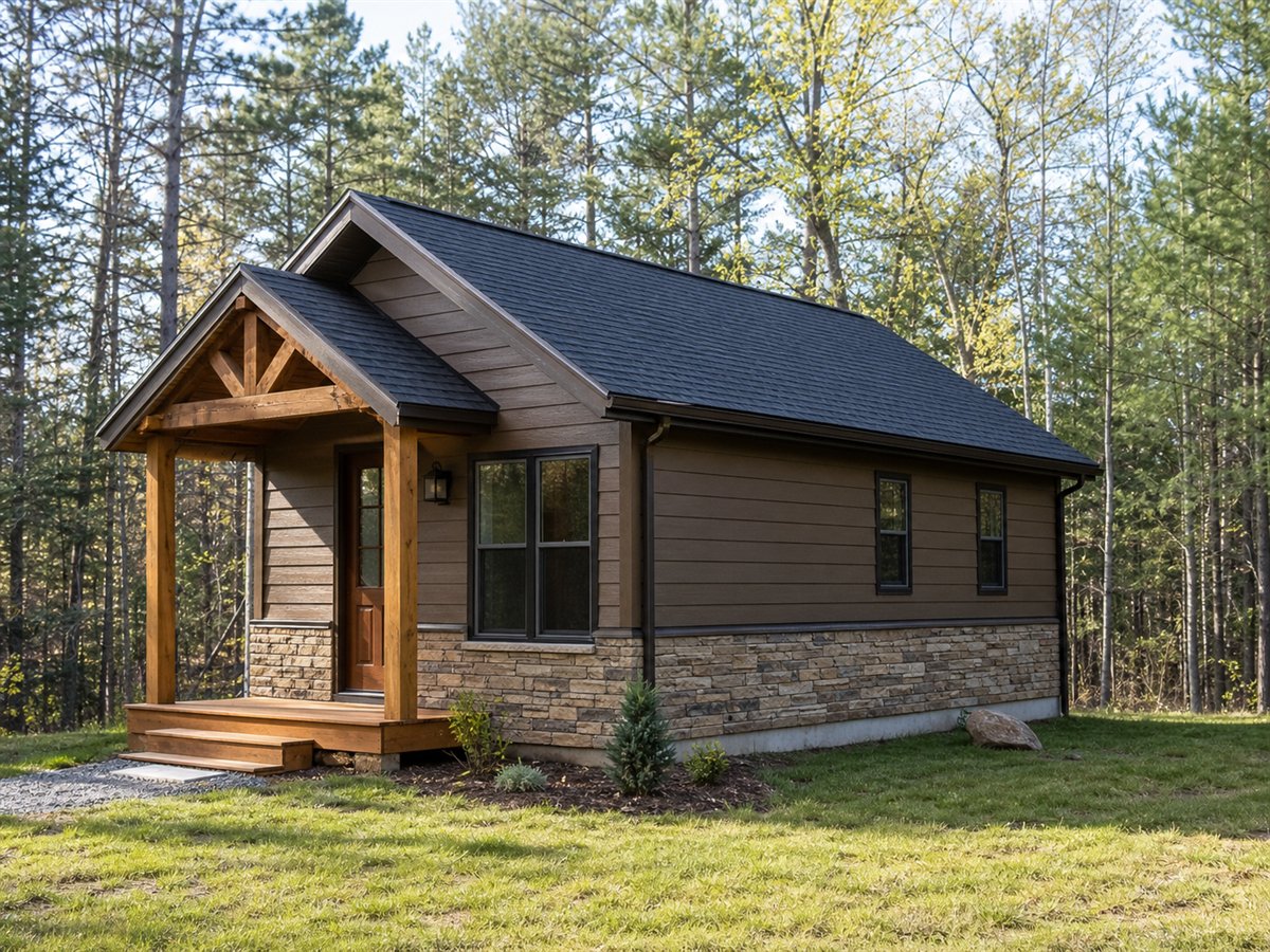 Cedar Bungalow 458, a conceptual 458-square-foot cabin-inspired bungalow with a $56,625 construction target