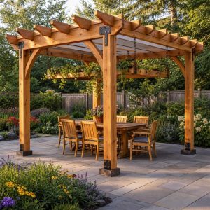 Garden Dining Pergola With a Suspended Plant Rail