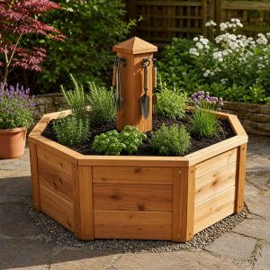 Octagonal Raised Herb Bed With a Central Tool Post