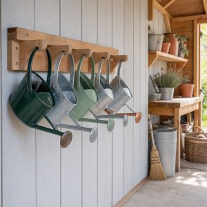 Wall-Mounted Watering Can Rack for a Garden Shed