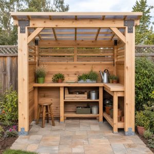Cedar Potting-Shed Veranda With Built-In Work Benches