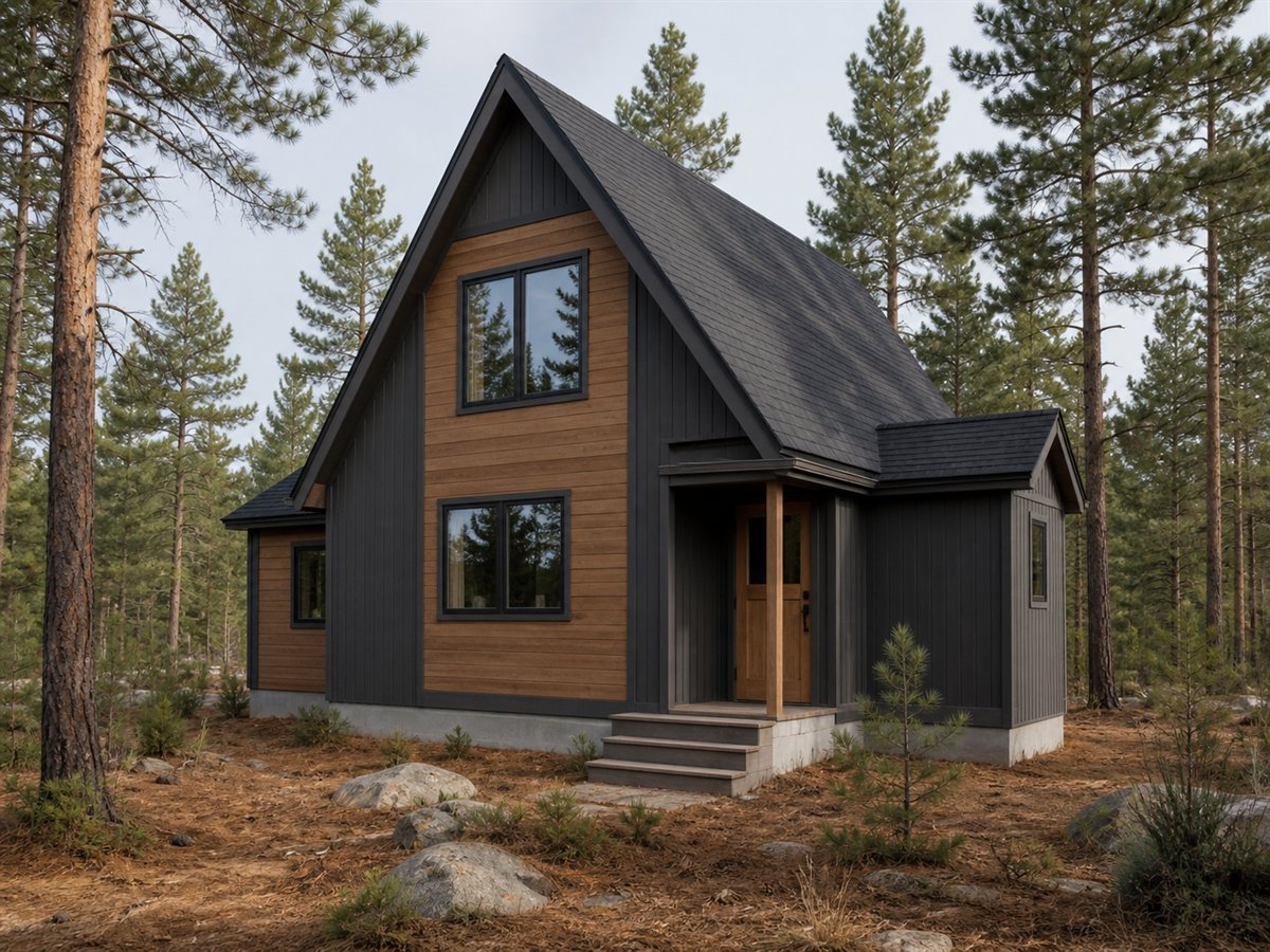 Aspen A-Cottage 491, a conceptual 491-square-foot restrained A-frame cottage with a $58,625 construction target