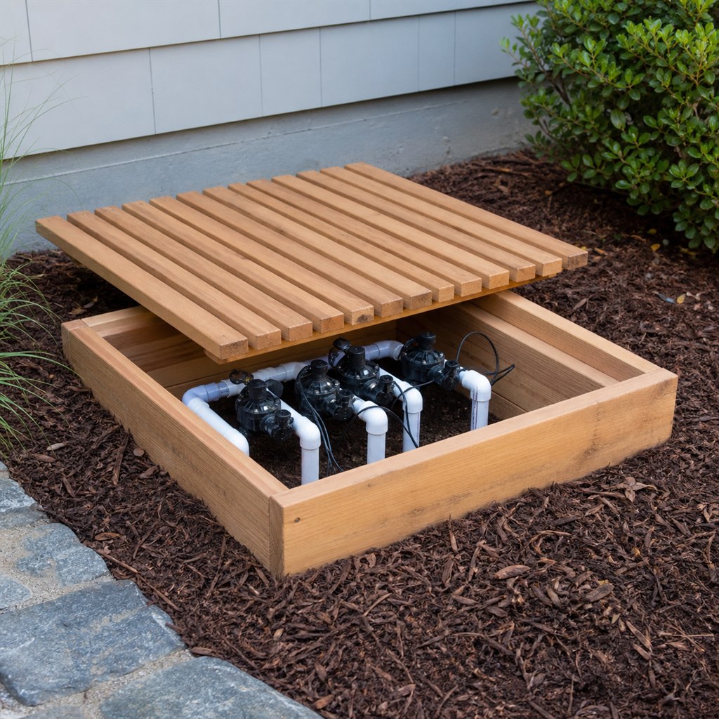 Ventilated Irrigation Valve Cover Box for a Garden Bed