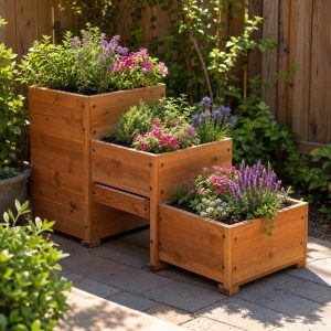 Stair-Step Wooden Planter Boxes for a Patio Edge