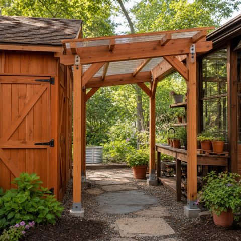 Timber Breezeway Between a Shed and Potting Area