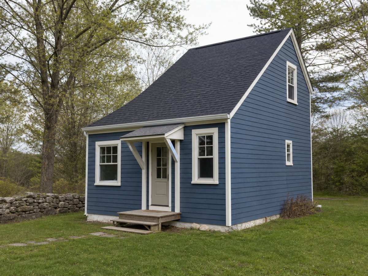 Harbor Saltbox 492, a conceptual 492-square-foot small saltbox cottage with a $59,625 construction target