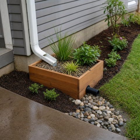 Downspout Splash Planter With a Protected Overflow Route