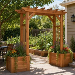 Wooden Garden Arbor With Matching Planter Bases