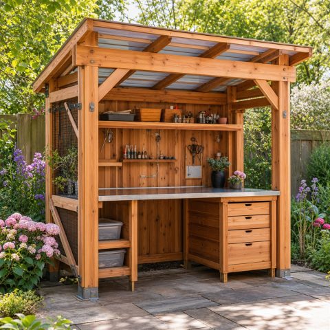 Cedar Outdoor Craft Shelter With Washable Worktops