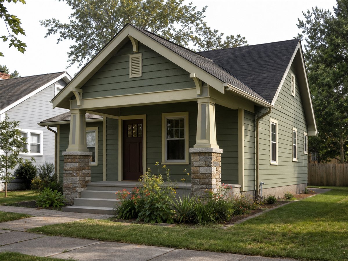 Oakstep Bungalow 494, a conceptual 494-square-foot small Craftsman bungalow with a $61,625 construction target