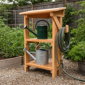 Garden Watering Station With Can Shelf and Hose Hook