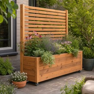 Wooden Privacy Divider With a Long Integrated Planter
