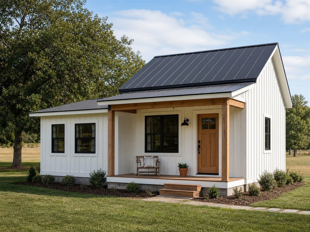 Meadowline Cottage 496, a conceptual 496-square-foot small board-and-batten farmhouse with a $62,625 construction target