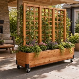 Rolling Patio Divider Planter With Trellis Panels