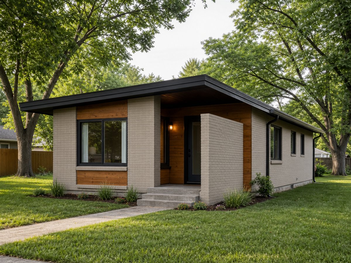 Cedarline Small Ranch 497, a conceptual 497-square-foot mid-century-inspired small ranch with a $63,625 construction target