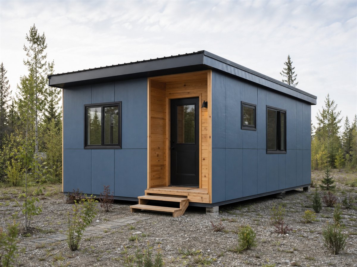 Clearline 240, a conceptual 240-square-foot modern mono-slope tiny home with a $24,600 house-budget target