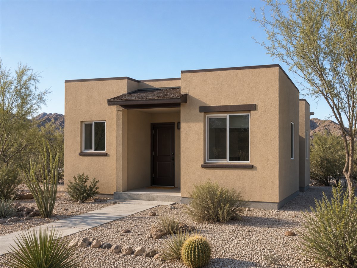 Saguaro Casita 498, a conceptual 498-square-foot desert small-home casita with a $64,625 construction target